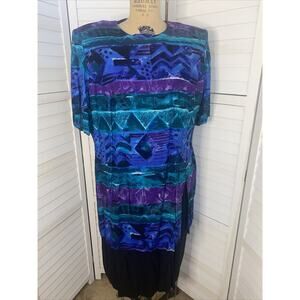 Vintage 80s 90s K.C. Spencer Blue Purple Sheath Print Rayon Dress 16 L/XL